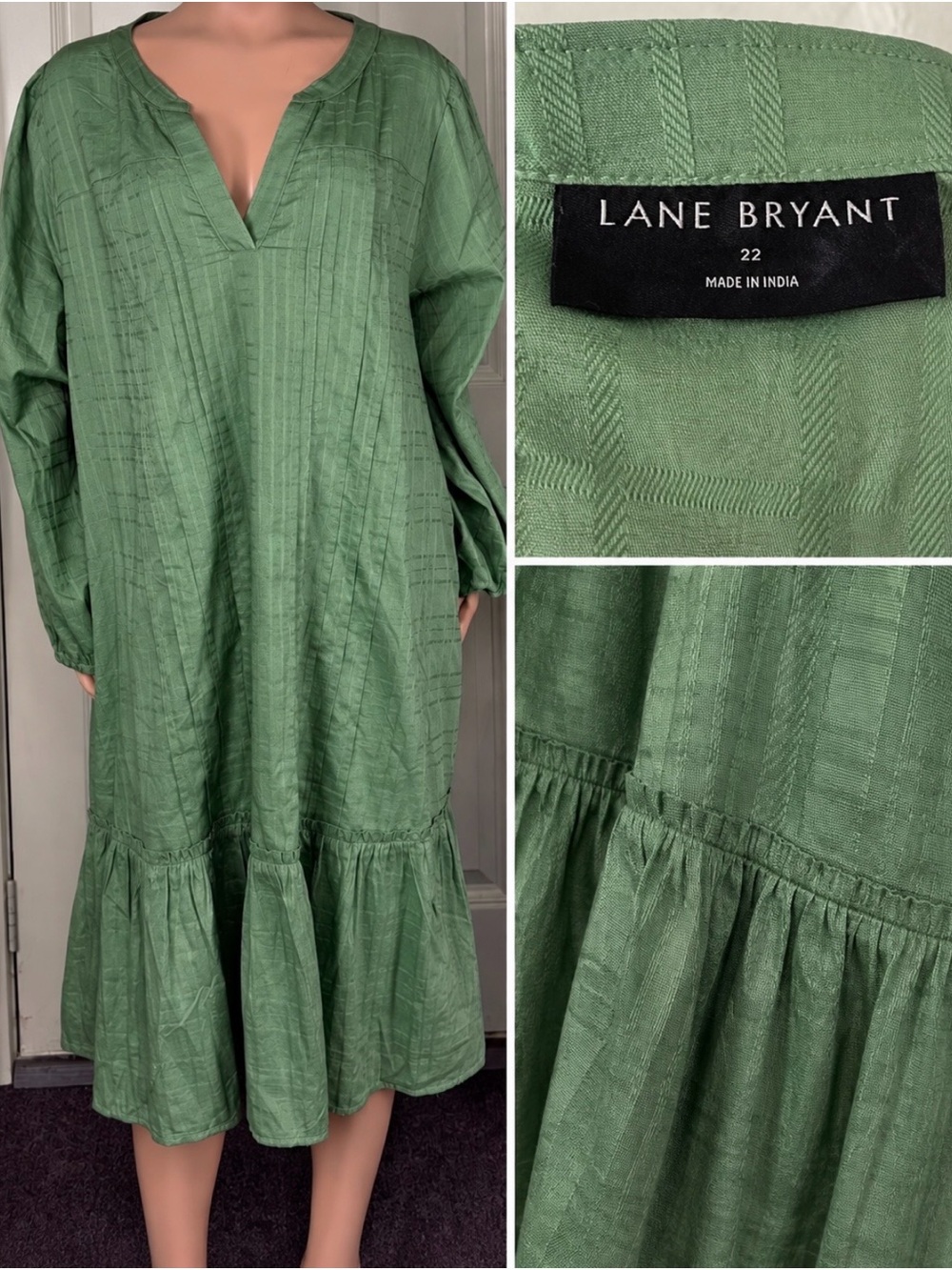 Lane Bryant Olive Green Textured Tiered V-Neck Midi Dress